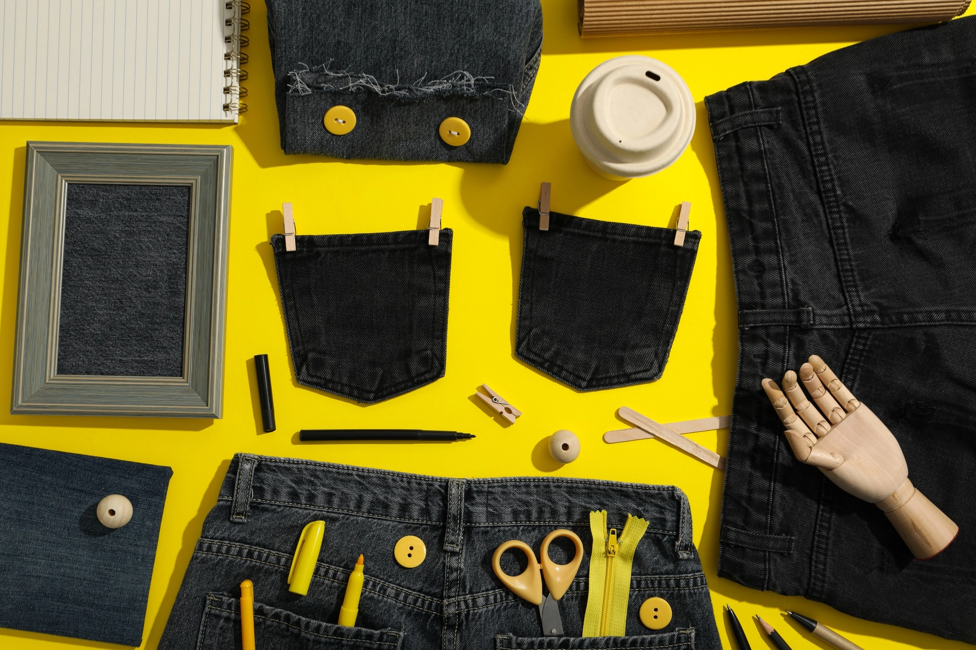 Tools and materials for upcycling on yellow background, top view