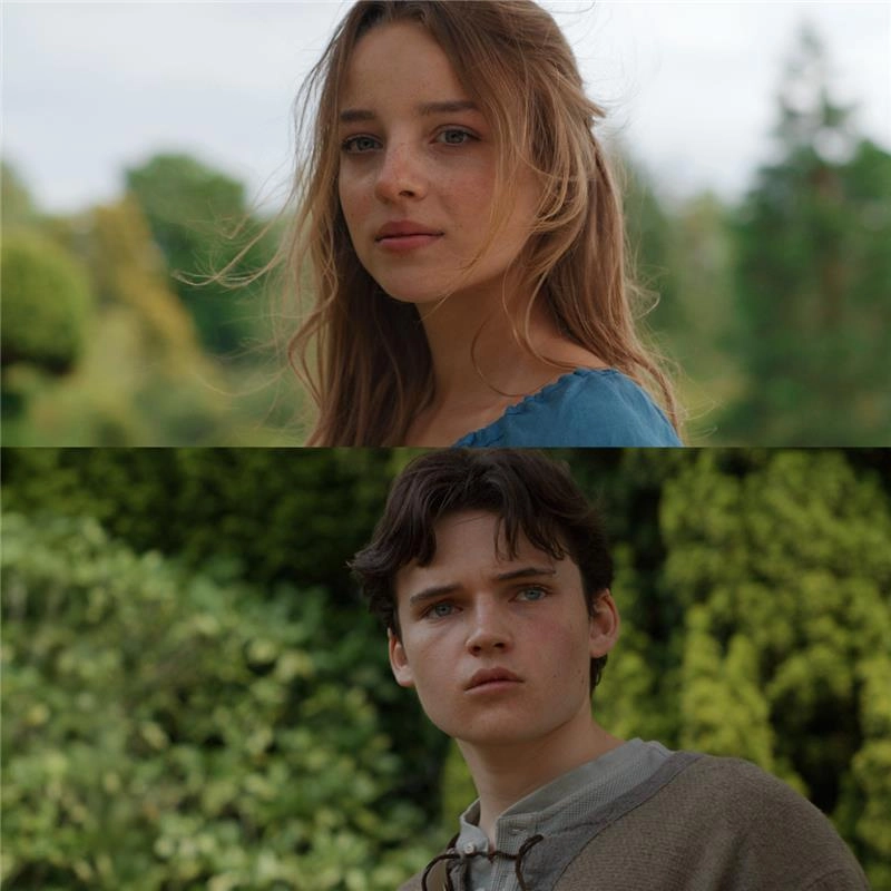 Two screenshots stacked vertically from the Zelda movie, in a grounded visual style. Top: Zelda; bottom: Link. Zelda is mousy blonde and faintly elf-like. Link is fresh-faced, with dark brown hair.