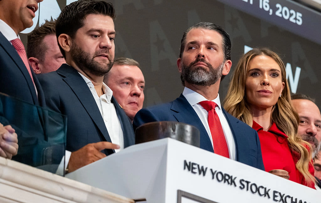 NEW YORK, NEW YORK - JULY 16: Donald Trump Jr. rings the opening bell on the New York Stock Exchange (NYSE) for the Texas-based firearm e-commerce platform GrabAGun where Trump is a member of the board on July 16, 2025 in New York City. GrabAGun, which is an online retailer of firearms, ammunition and related accessories, saw its stock drop quickly after opening, closing at $17.33, down -4.02 points (-18.83%) by mid-morning, (Photo by Spencer Platt/Getty Images)