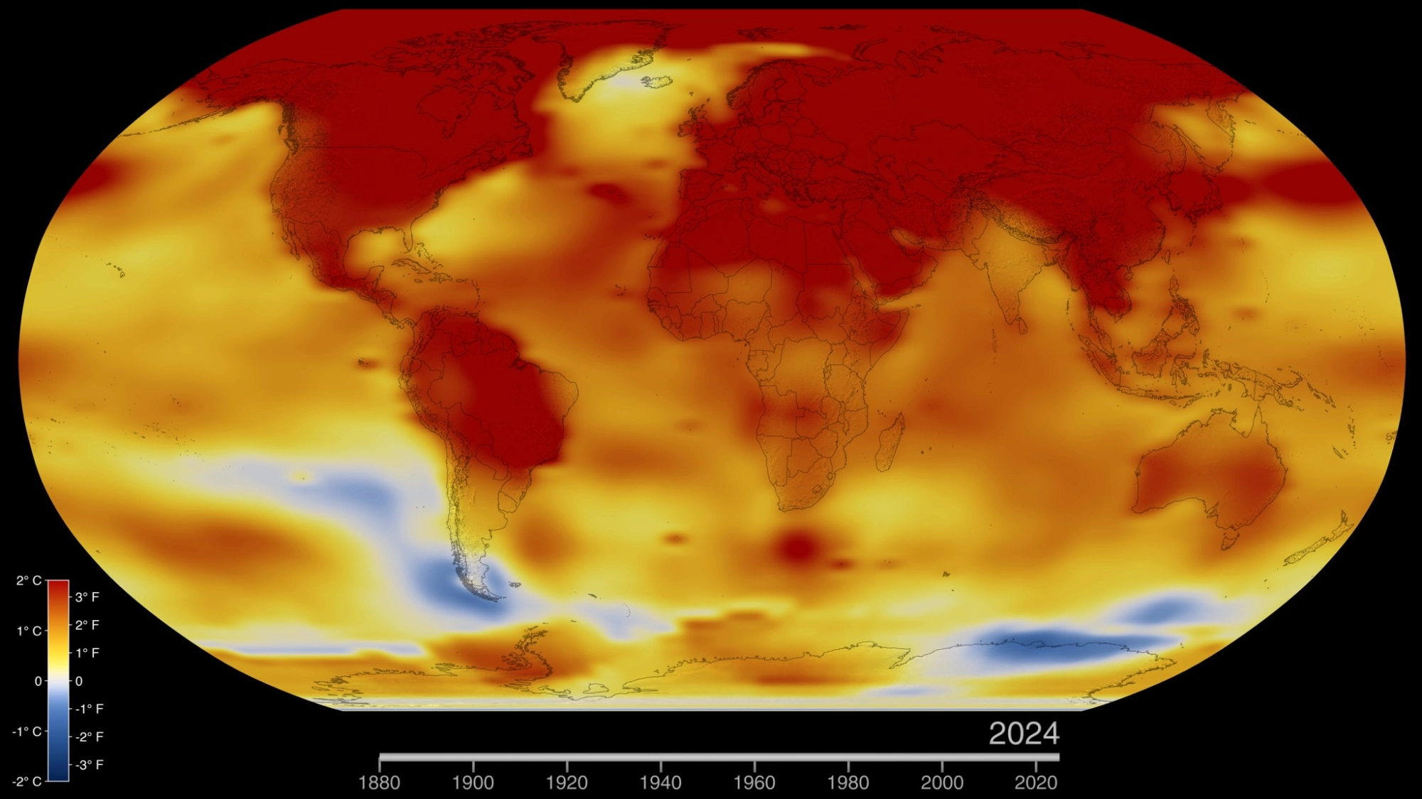 This map of Earth in 2024 shows global surface temperature anomalies, or how much warmer or cooler each region of the planet was compared to the average from 1951 to 1980. Normal temperatures are shown in white, higher-than-normal temperatures in red and orange, and lower-than-normal temperatures in blue.