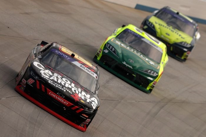 Connor Zilisch, JR Motorsports Chevrolet; Brandon Jones, Joe Gibbs Racing Toyota; Aric Almirola, Joe Gibbs Racing Toyota