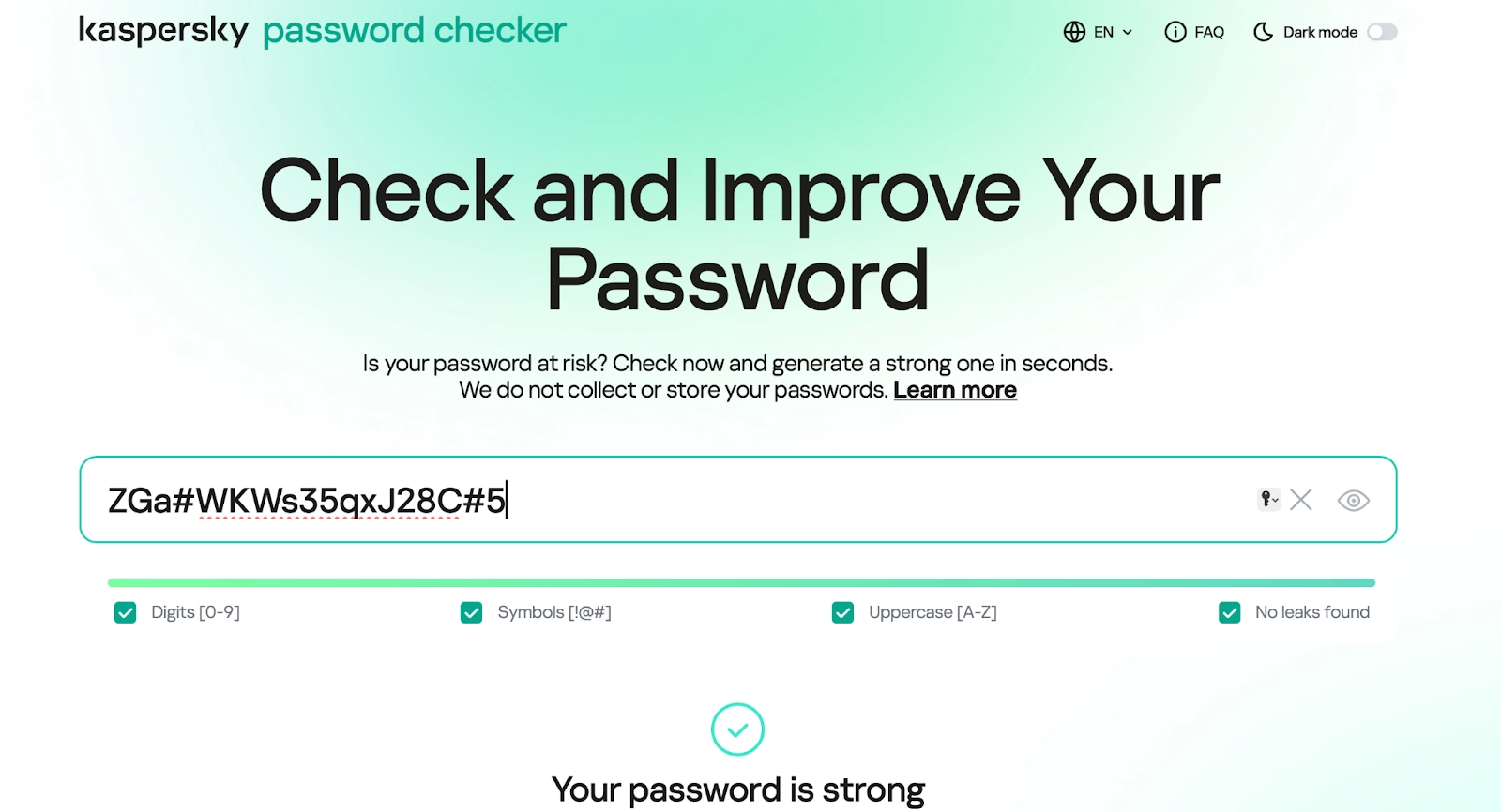 Kaspersky password strength checker verifying a password