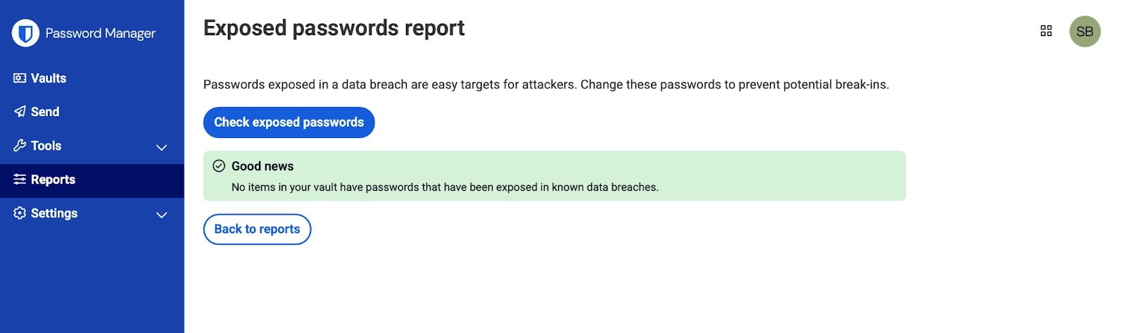 Exposed passwords report on Bitwarden showing no exposed passwords