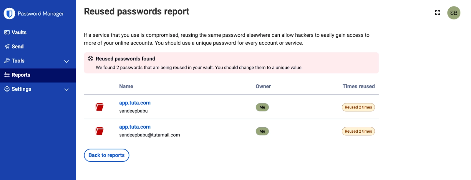 Reused Passwords report on Bitwarden showing the passwords you reuse