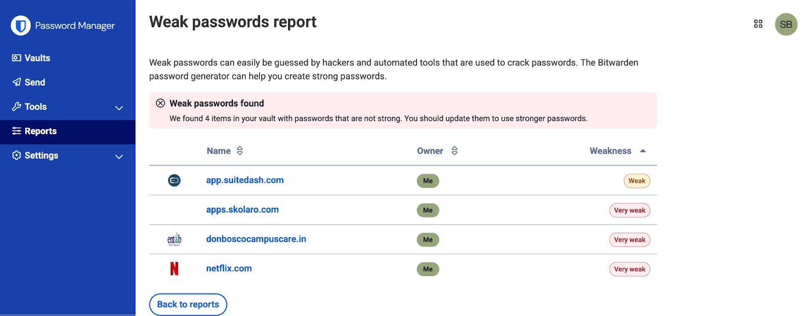 Weak Passwords report on Bitwarden showing the number of weak passwords
