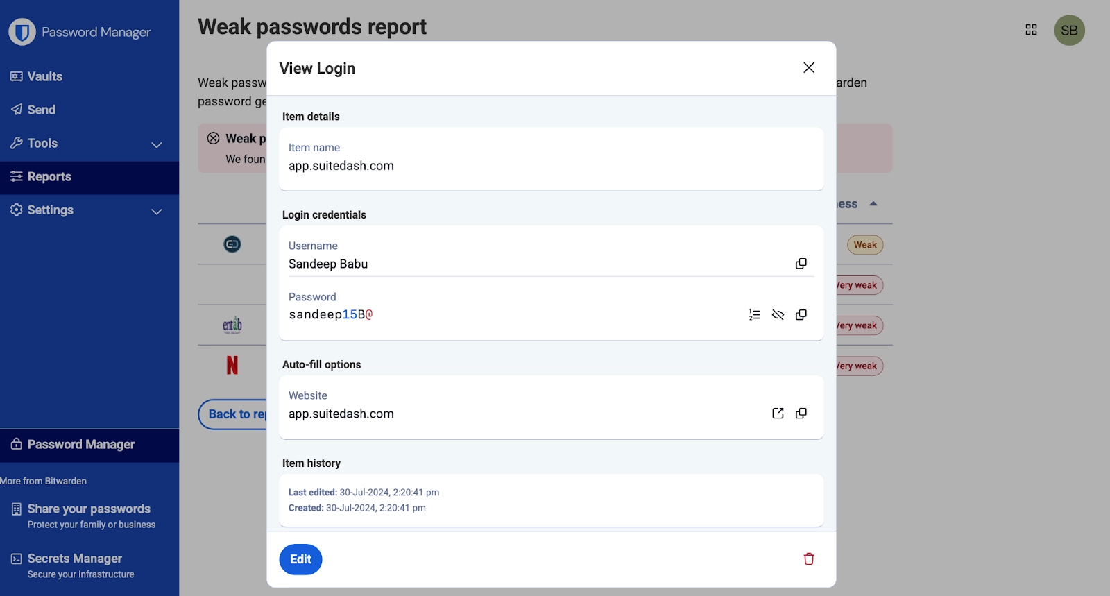 Example of Bitwarden showing a weak password