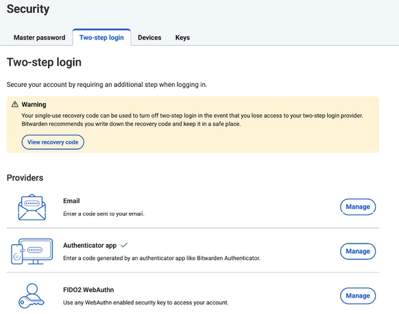 Bitwarden's 2FA options