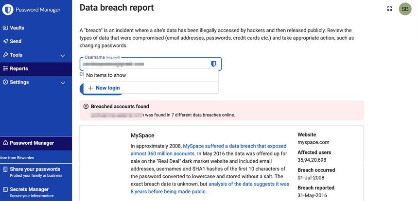 Data Breach Report on Bitwarden showing the number of data breaches you were exposed in
