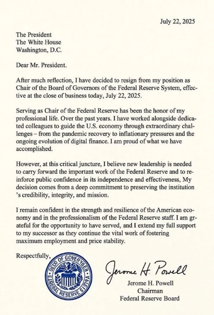 Fake resignation letter from Jerome Powell