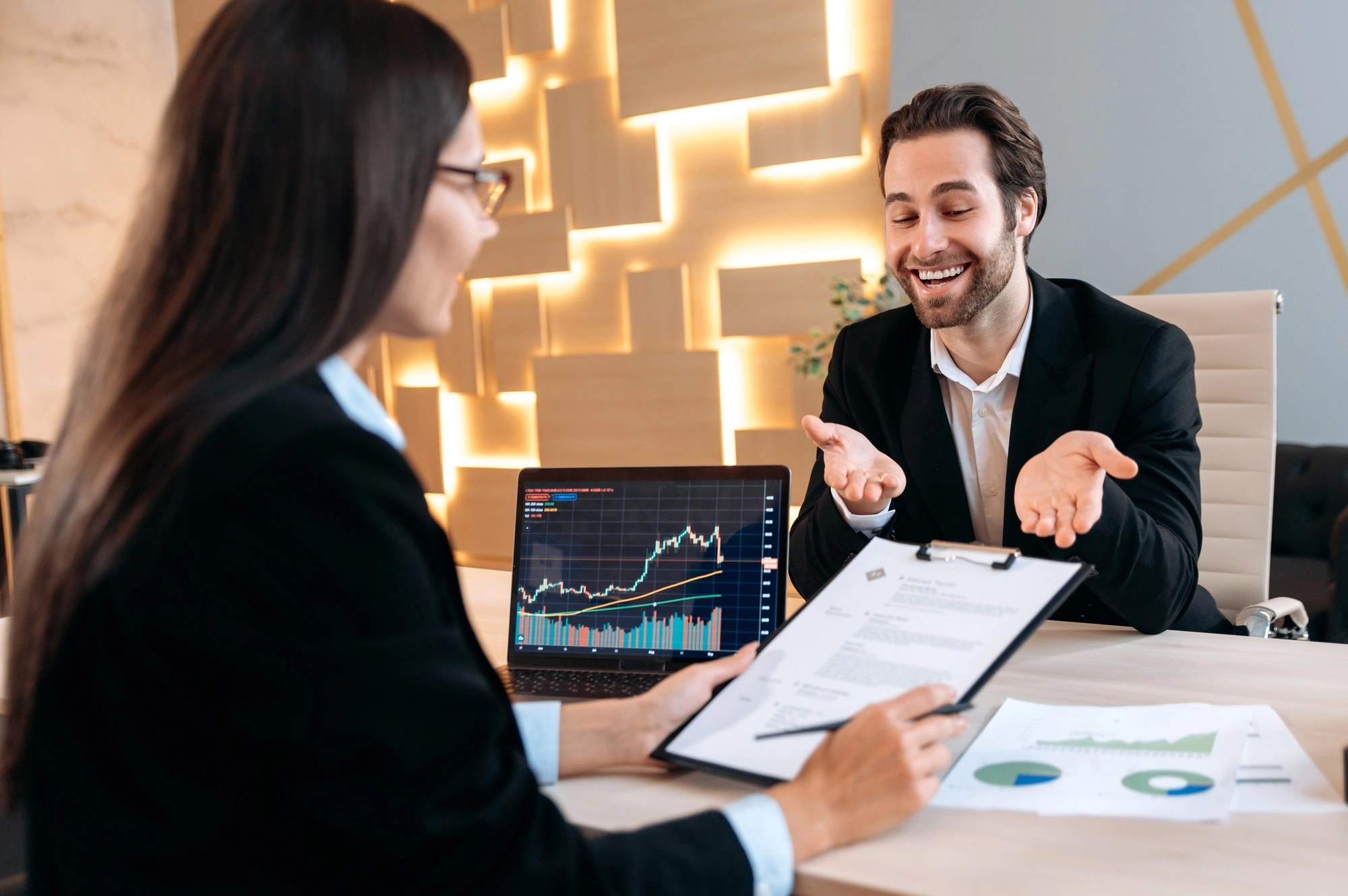 Cooperation concept. Business woman, company director, hiring specialist in a trading company, sits
