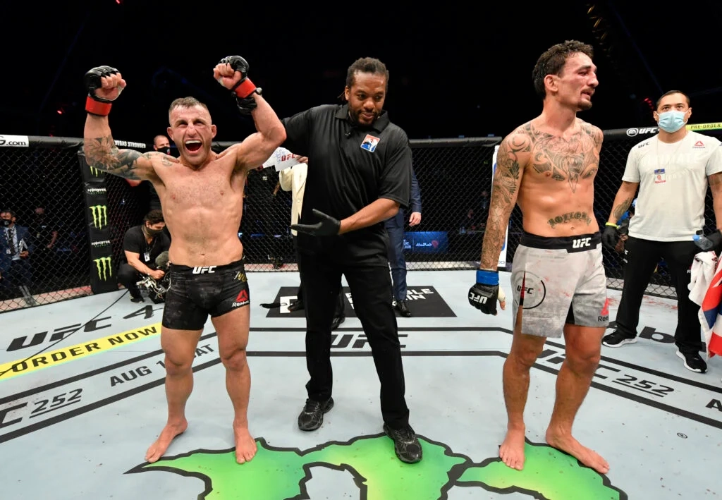 Alexander Volkanovski reacts after his win over Max Holloway at UFC 251.
