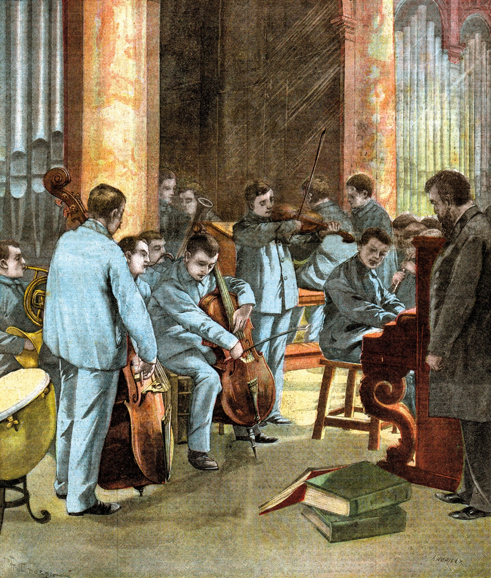 The Institute for Blind Youths orchestra plays in a 1903 illustration