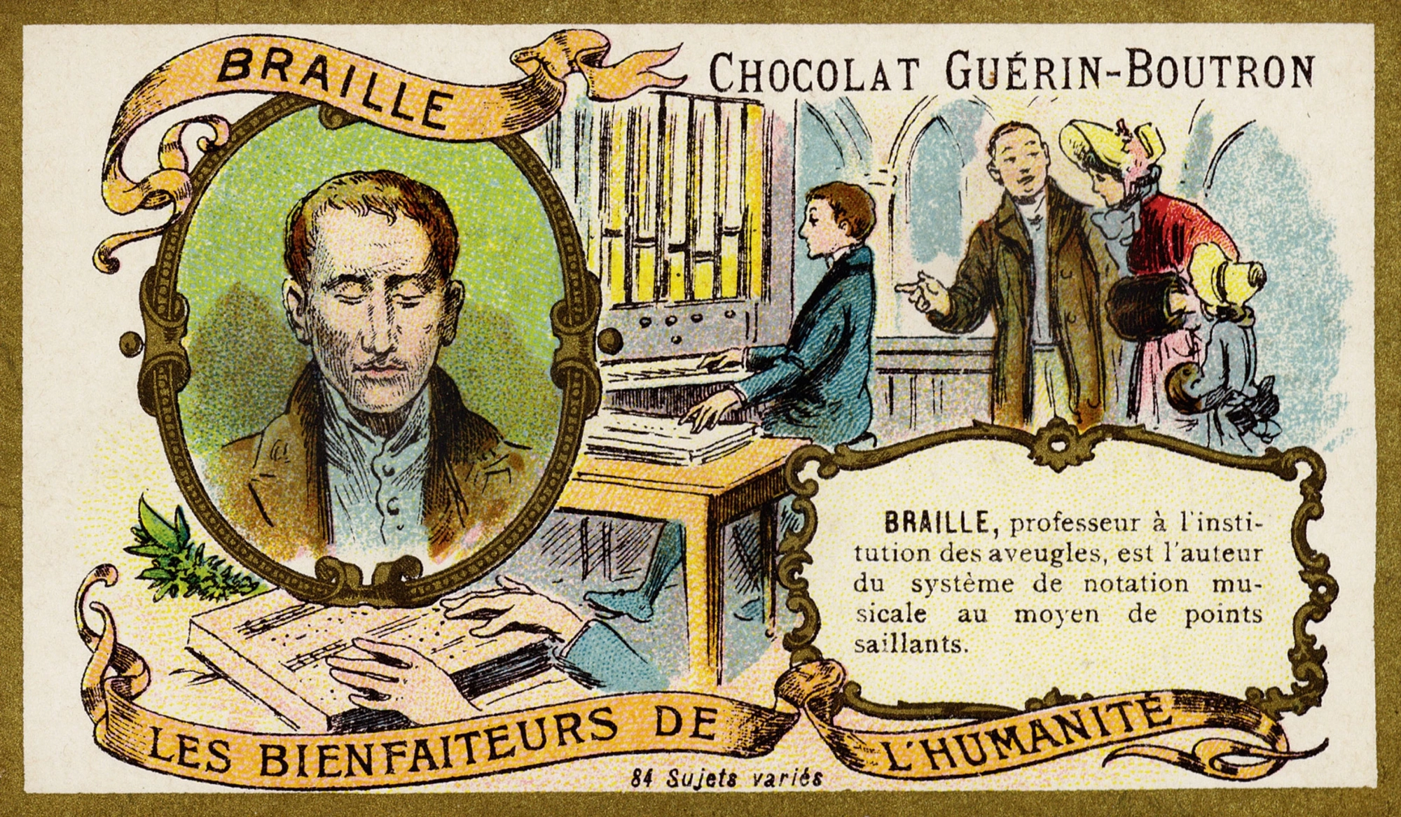 An early 1900s chocolate card shows Braille at the organ