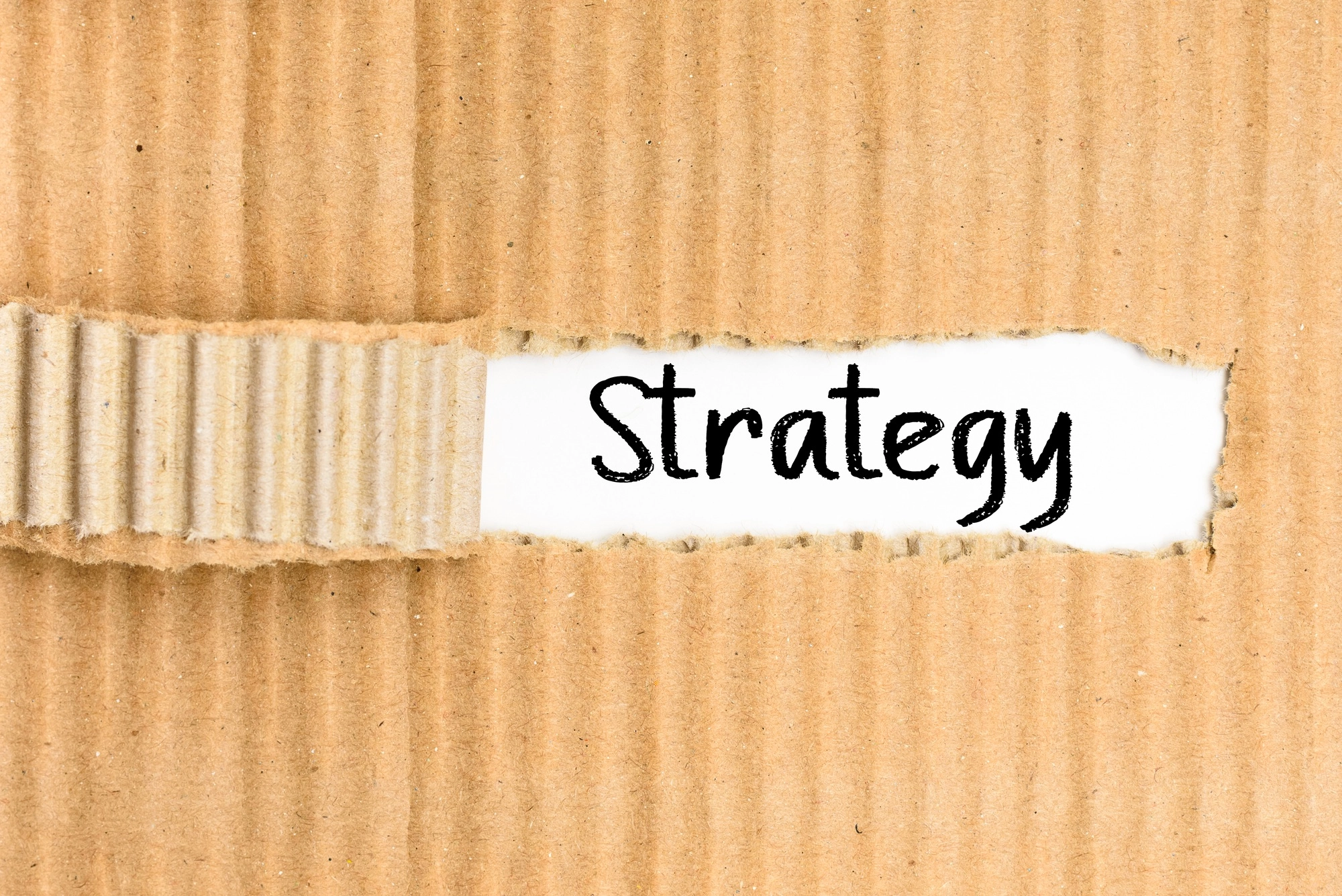 Planning strategy, word written on a torn piece of cardboard.