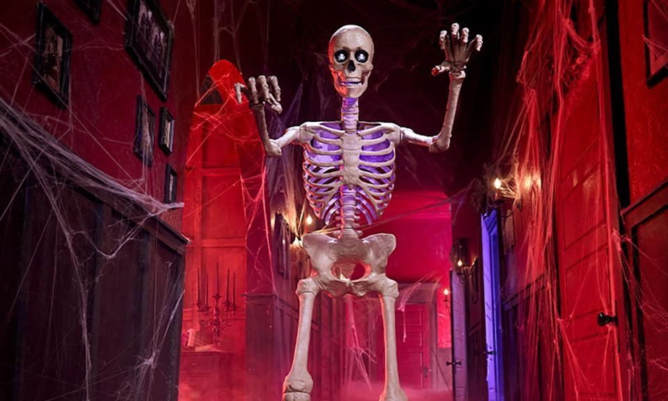 A skeleton with lights in a menacing pose.