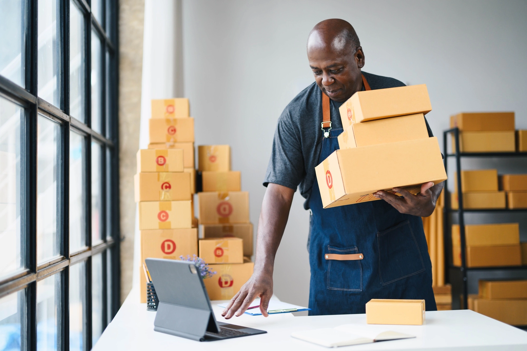 Man Organizing Shipping Boxes in Warehouse with Tablet on Desk, Efficient Logistics and Inventory Ma