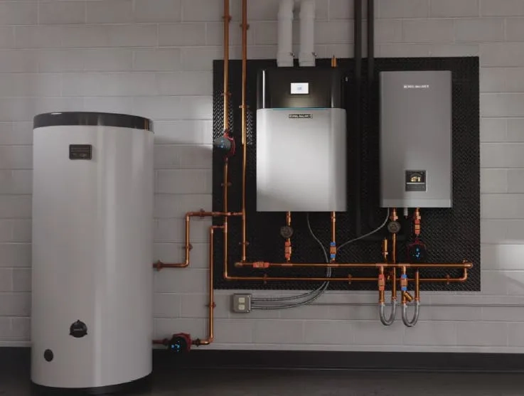 Indoor split units integrate an air-to-water heat pump into an existing gas boiler system to manage heat pump operation and ensure seamless transitions between heat sources.
