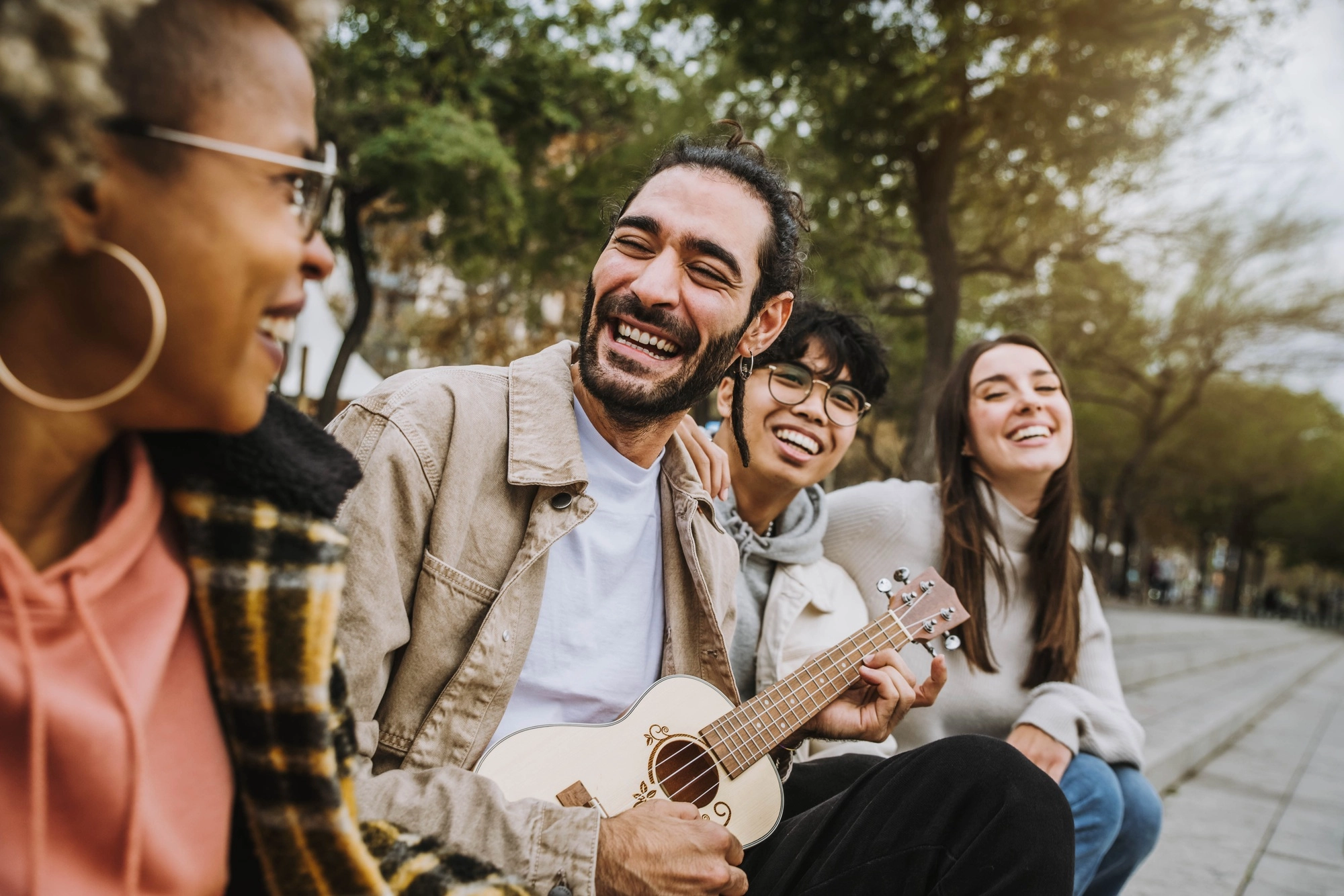 Group of best friends hanging out on city downtown