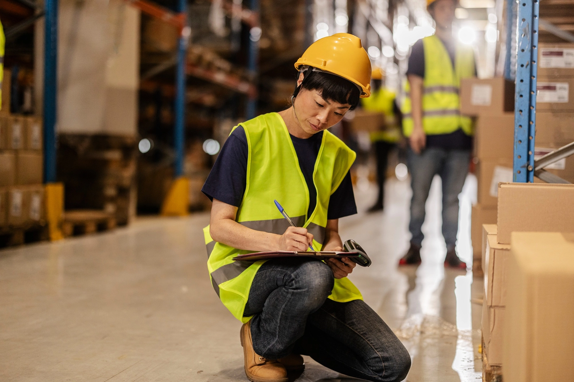 Warehouse worker checking inventory and writing notes on clipboard