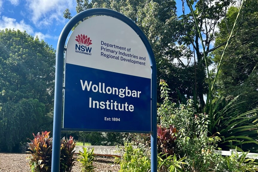A large blue and white sign that reads