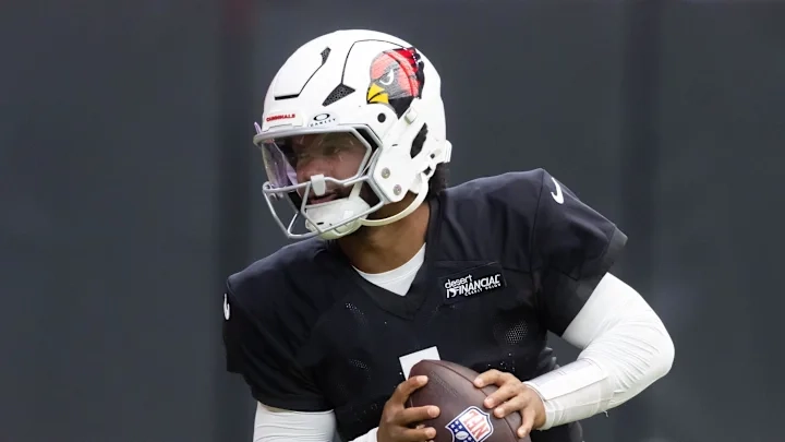 Jul 29, 2025; Glendale, AZ, USA; Arizona Cardinals quarterback Kyler Murray (1) during training camp at State Farm Stadium. Mandatory Credit: Mark J. Rebilas-Imagn Images