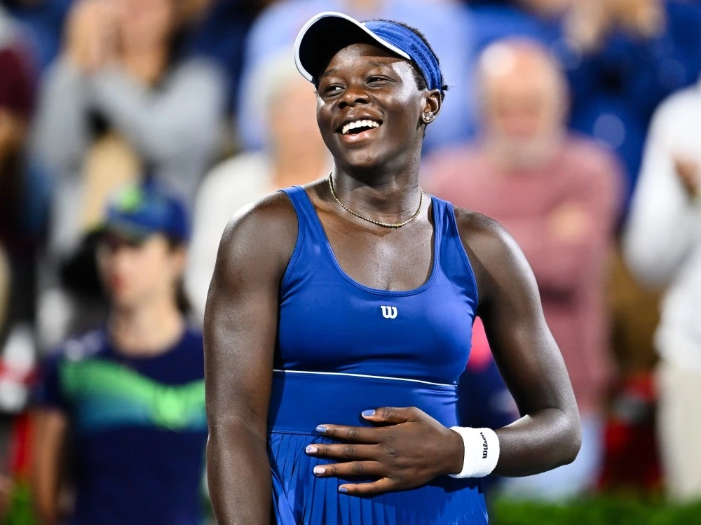 Victoria Mboko reacts as she celebrates a victory against Marie Bouzkova during their third round match on Day Five of the National Bank Open at IGA Stadium in Montreal, Thursday, July 31, 2025.