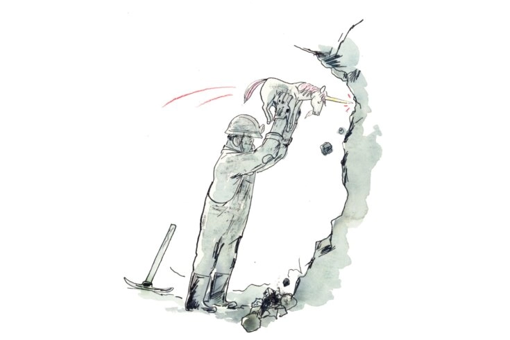 Miner holds small unicorn and chisels rock with its horn.