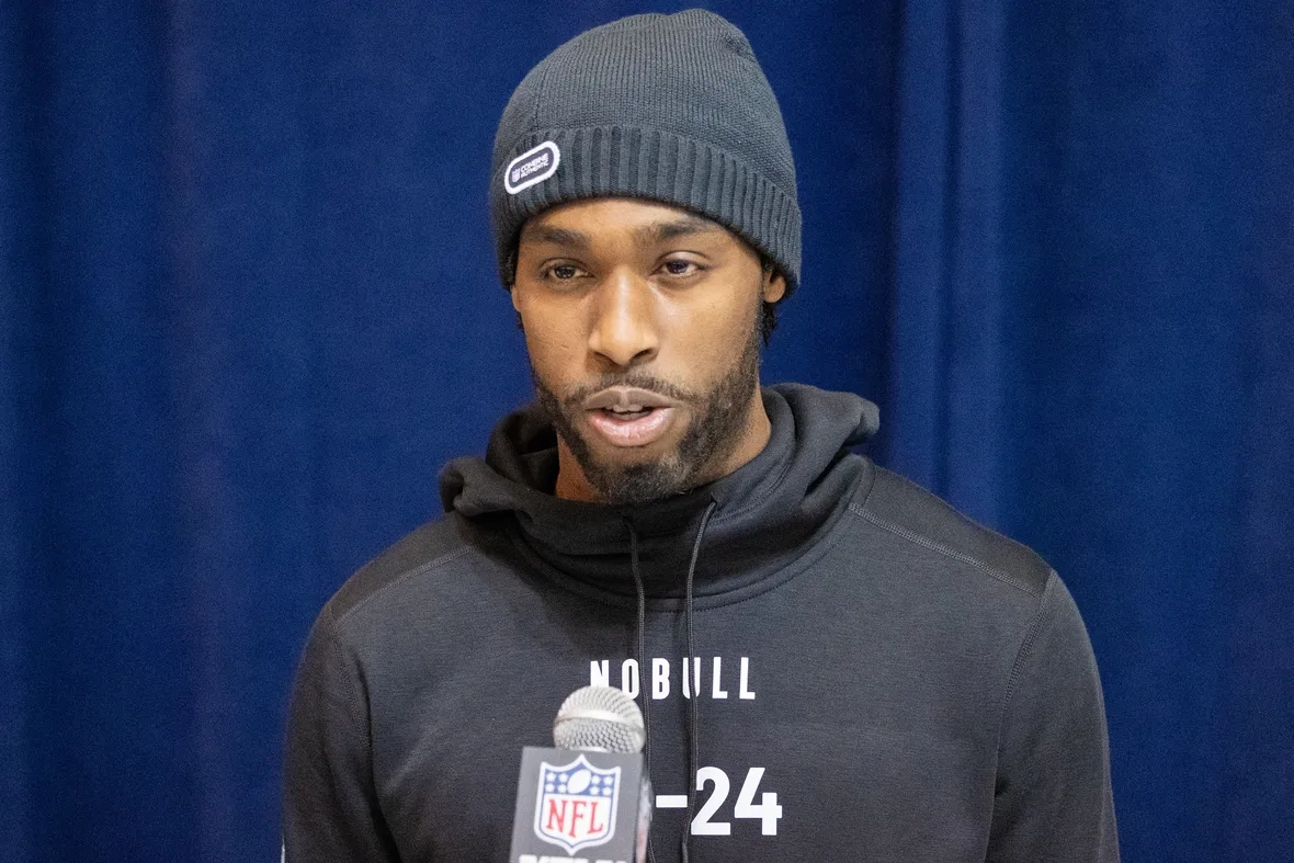 Dwight McGlothern talks to media during the 2024 NFL Combine.