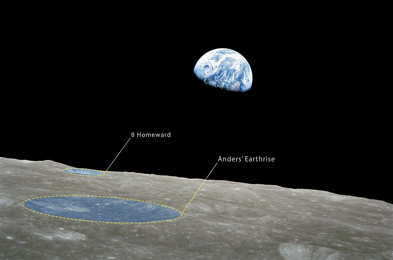 A photo of the moon looking at Earth in space with labels for specific craters