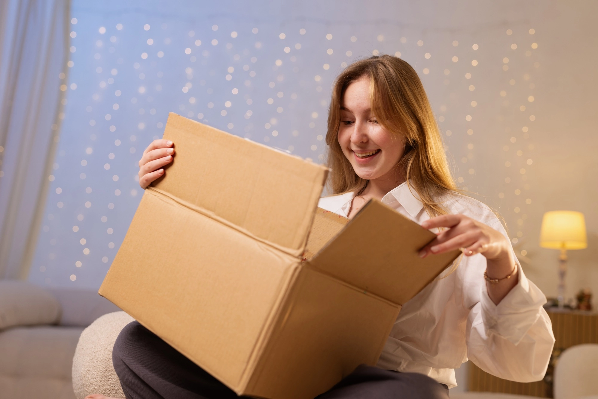 Happy Woman Opening Package at Home Representing Online Shopping Delivery and Unboxing Experience