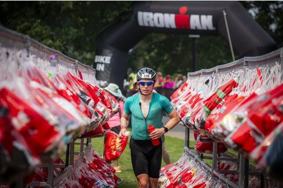 Jonathan Taylor is seen preparing for the marathon run after finishing his bike ride Sunday.