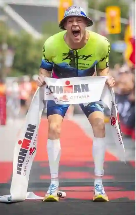 Luke Evans was the first person to cross the finish line Sunday afternoon, finishing the gruelling three-discipline race in 8:40:22. Evans, no stranger to Ottawa, is a Carleton University grad.