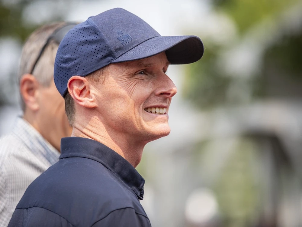 Scott DeRue, Ironman CEO, at the finish line Sunday afternoon.