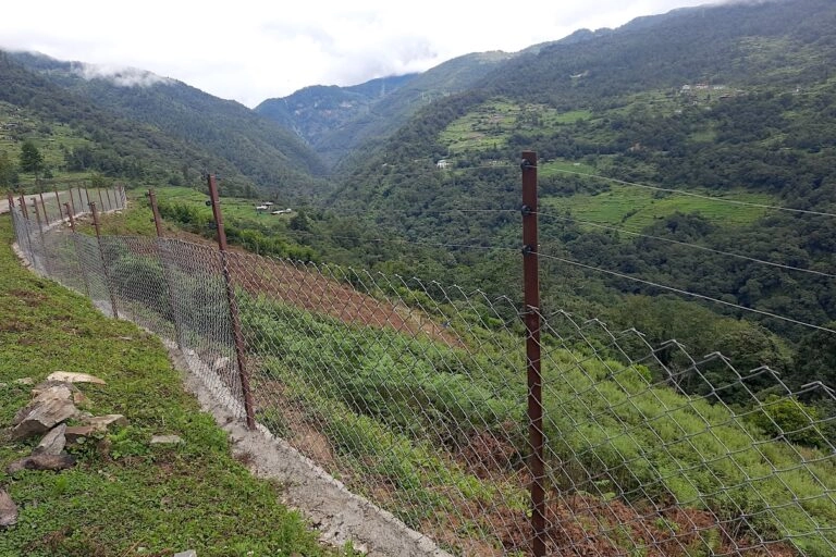 A chain-link fence erected to exclude wildlife from crops in Chanachen village, Chhukha district. Image by Norbu Tshering / Gedu Divisional Forest Office.