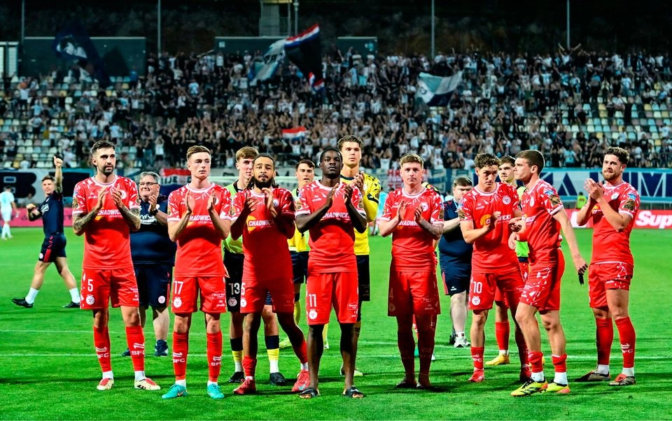 Shelbourne players celebrate after their victory in the UEFA Europa League third qualifying round first leg match over Rijeka at HNK Rijeka Stadium Rujevica in Rijeka, Croatia. Photo by Igor Kupjlenik/Sportsfile