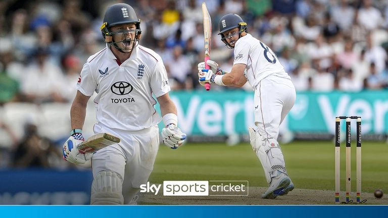 Ollie Pope celebrates reaching 100 against India