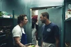 THE BEAR -- Pictured: (l-r) Jeremy Allen White as Carmen 'Carmy' Berzatto, Lionel Boyce as Marcus, Ebon Moss-Bachrach as Richard 'Richie' Jerimovich. CR: FX
