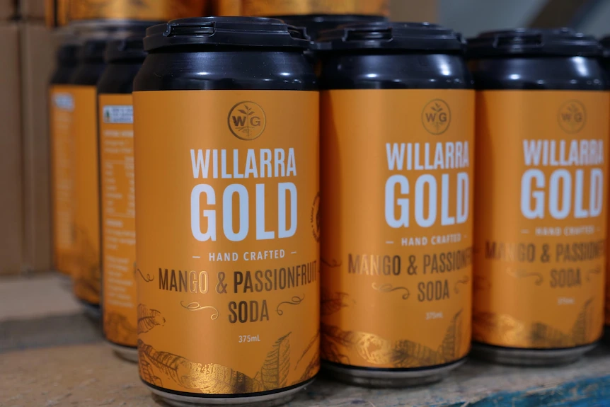 Three yellow cans of soda on a shelf.