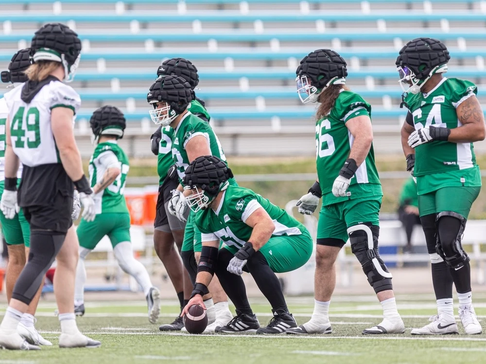 Saskatchewan Roughriders offensive lineman Sean McEwen (51) during day two of Rider training camp at Griffiths Stadium in Nutrien Park.