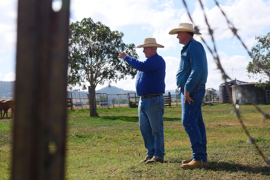 Two men looking at a paddock. There is barbed wire in the foreground