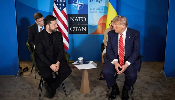 US  President Donald Trump and Ukraines President Volodymyr Zelenskiy attend a meeting on the sidelines of NATO summit in The Hague, Netherlands June 25, 2025.  Reuters