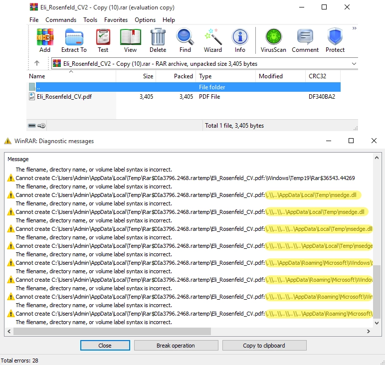 Malicious RAR archive (top) and errors during decompression (bottom)