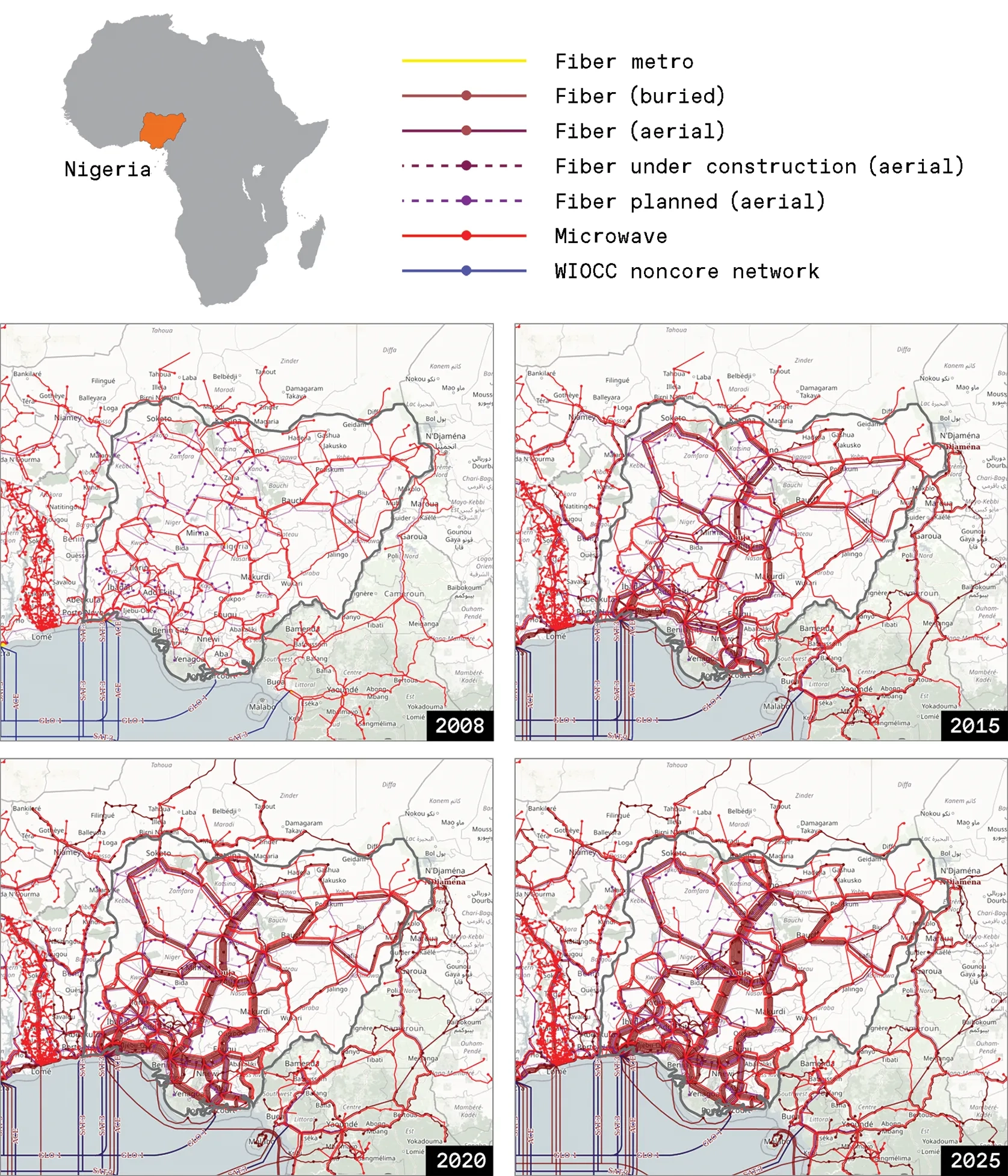 A small map of Africa showing Nigeria in orange, with 4 detailed maps of Nigeria showing the progressive buildout of fiber-optic lines from 2008, 2015, 2020, and 2025. 