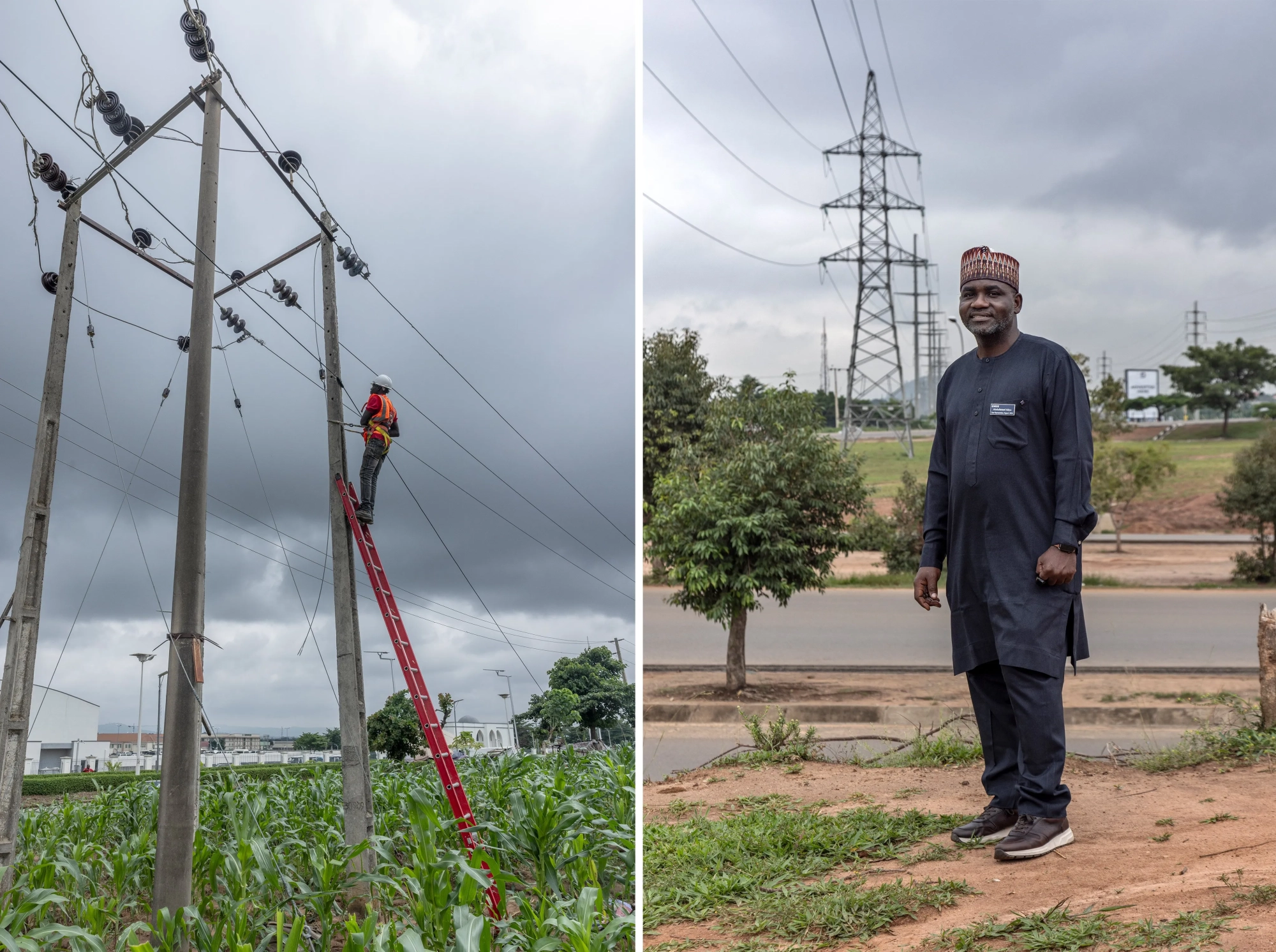 Two photos, one showing a worker on a tall ladder that\u2019s leaning against a power pole, and the other showing a man in Nigerian dress with high-voltage power lines in the background.