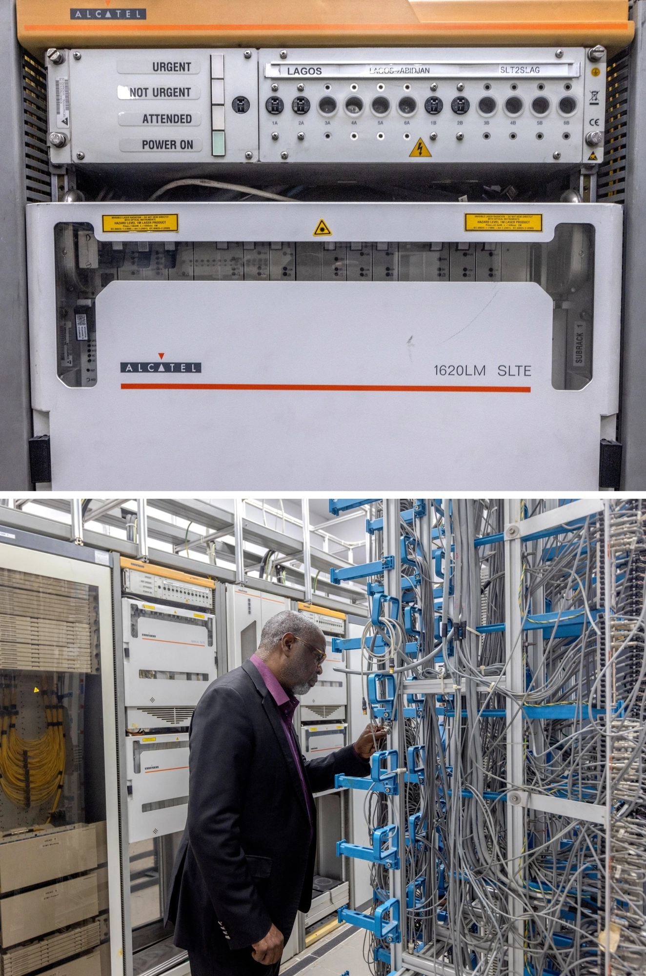 Two stacked photos, the top one showing the front of some equipment and bottom showing a man in a suit looking at telecommunications equipment on racks.