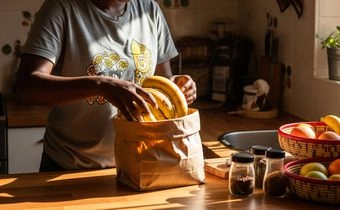 A lady taking ripe bananas off a paper bag