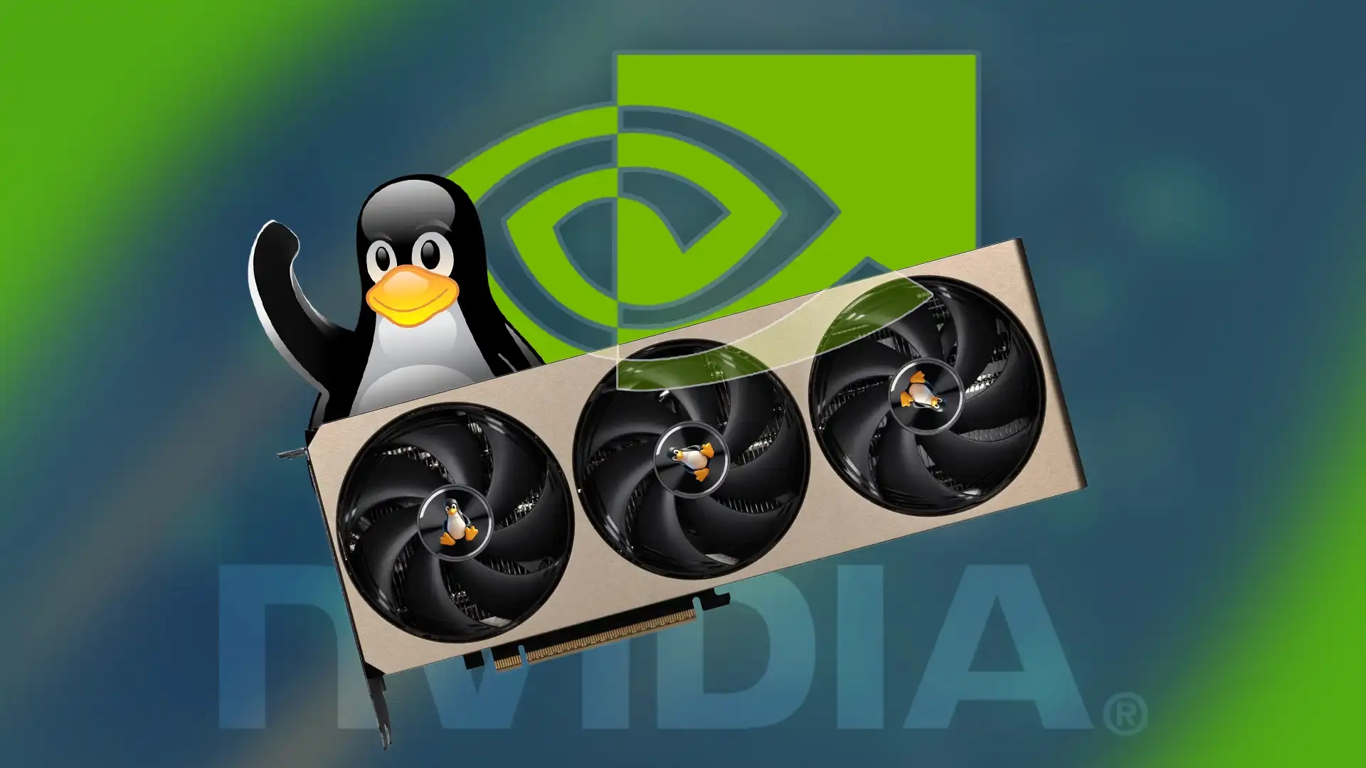 A GPU with the Linux mascot beside it and the Nvidia logo in the background.