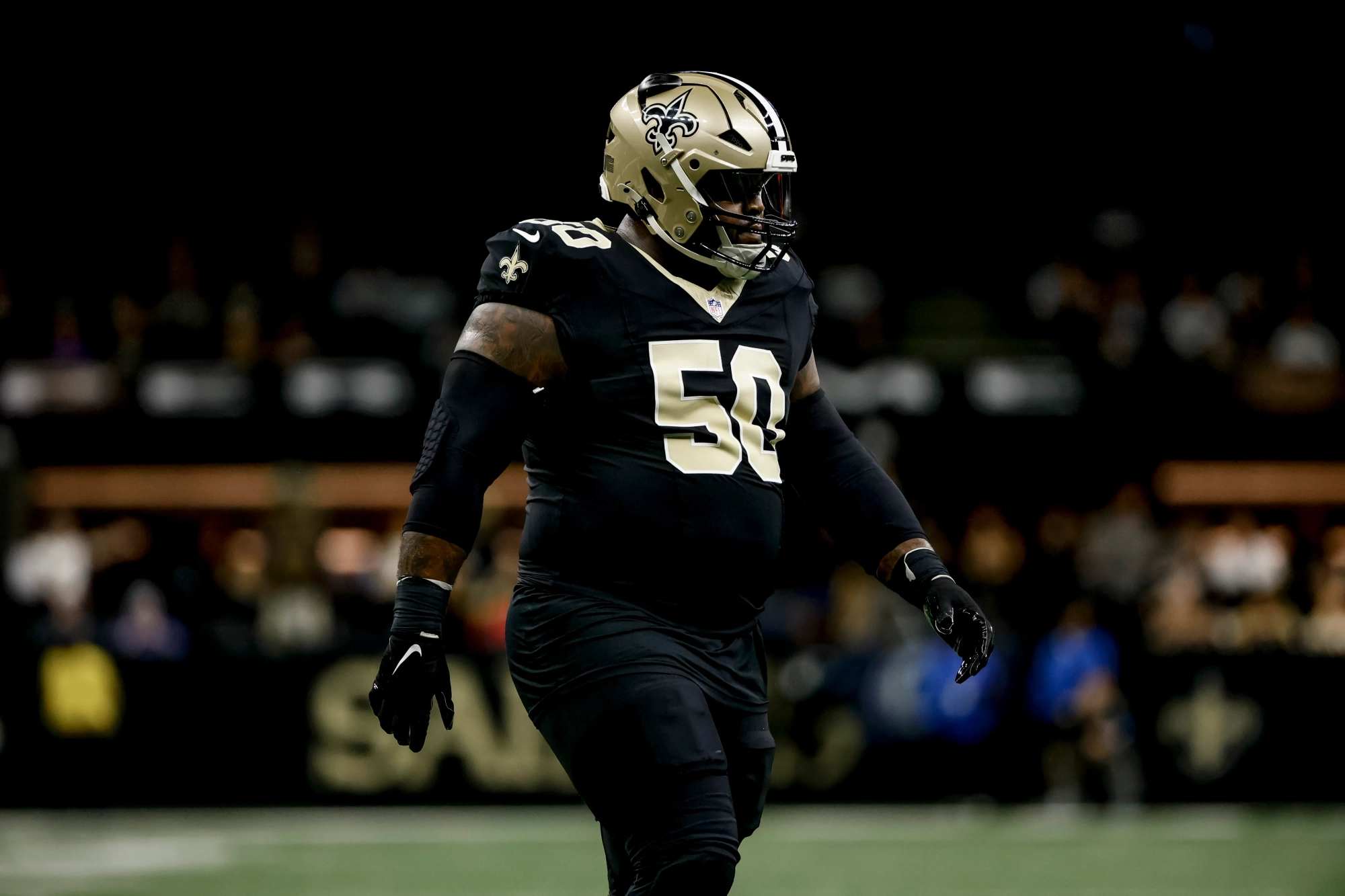 NEW ORLEANS, LOUISIANA - DECEMBER 29: Khalen Saunders #50 of the New Orleans Saints plays against the Las Vegas Raiders during the first half of a game at the Caesars Superdome on December 29, 2024 in New Orleans, Louisiana. (Photo by Derick E. Hingle/Getty Images)