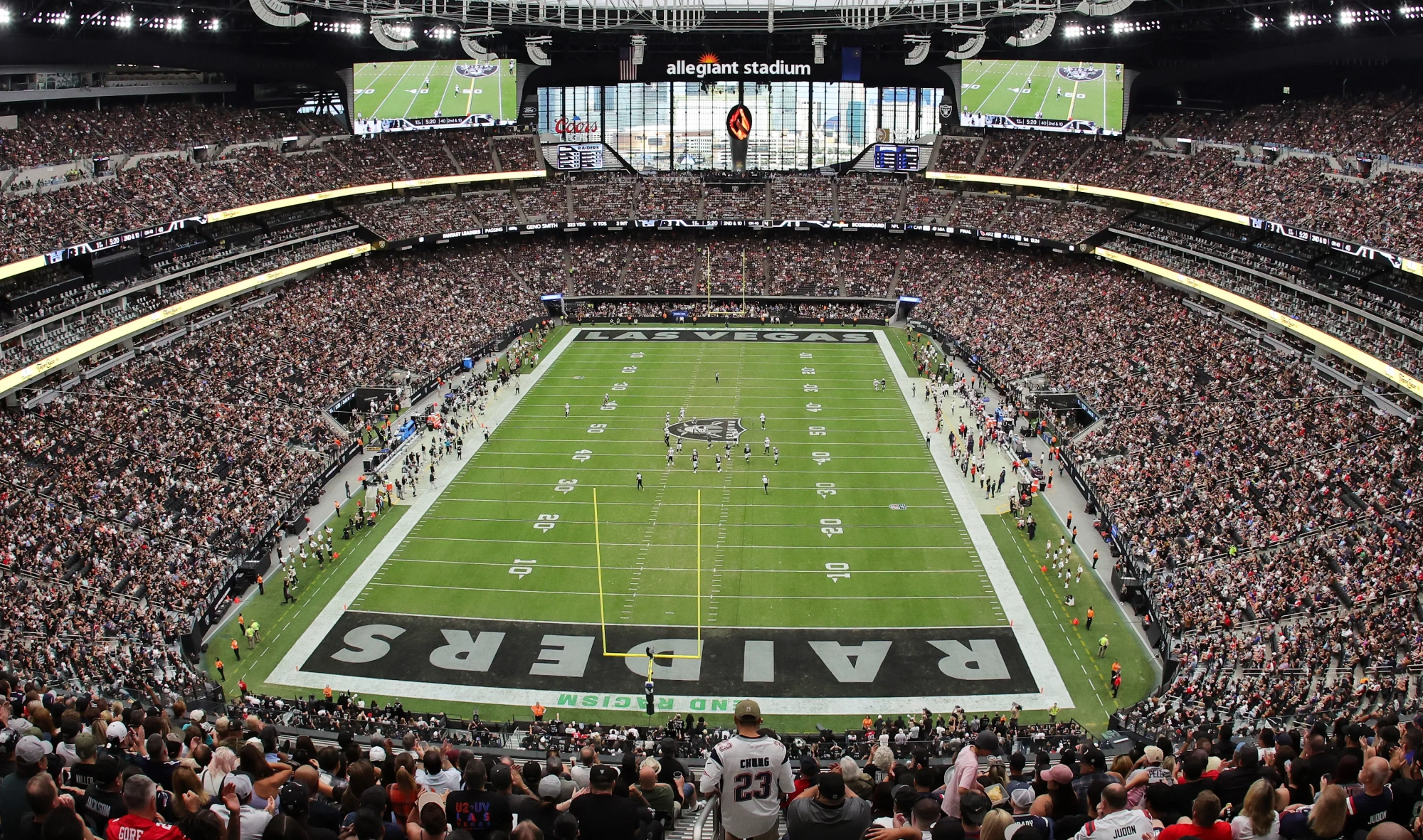 LAS VEGAS, NEVADA - OCTOBER 15: (EDITORS NOTE: This image was shot with a fisheye lens.) A general view of the field shows the New England Patriots and the Las Vegas Raiders in the first quarter of their game at Allegiant Stadium on October 15, 2023 in Las Vegas, Nevada. The Raiders defeated the Patriots 21-17. (Photo by Ethan Miller/Getty Images)