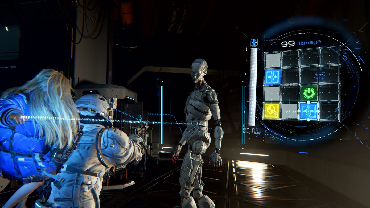 Diana hacks an attacking android in Pragmata, with the hacking UI on the side.